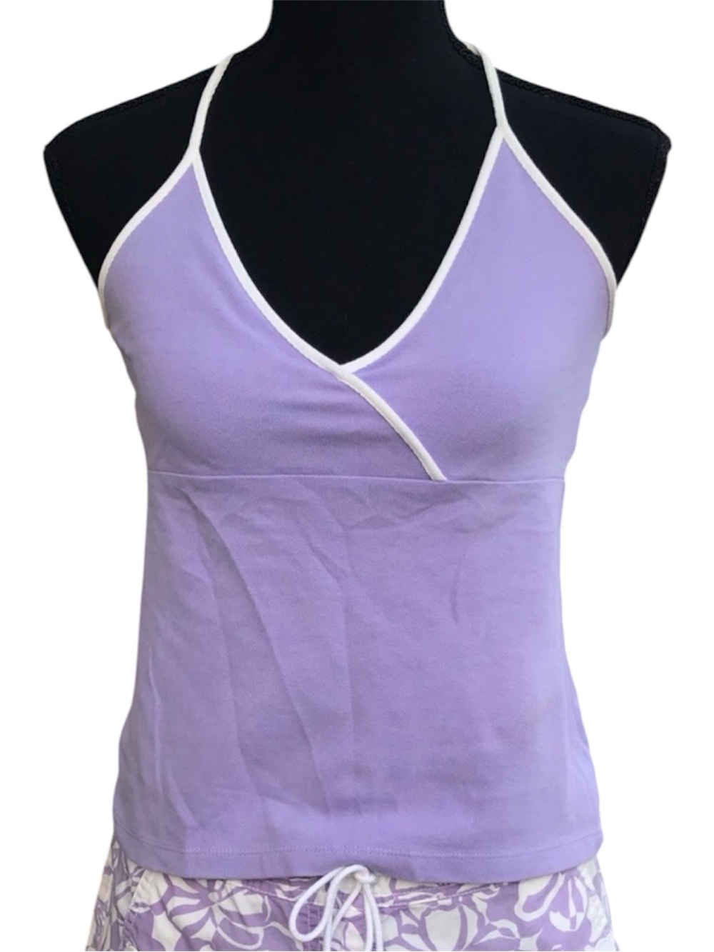 LOFT LAVENDER PURPLE & WHITE PIPING TIE-NECK HALTER BRA TOP, XS LILAC SHELF BRA